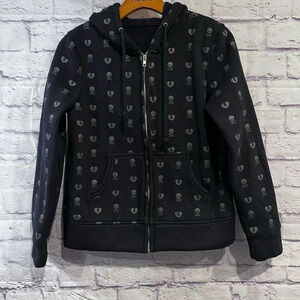 Skull Heartbreak Print Dark‎ Blue Zipper Hoodie Size M
